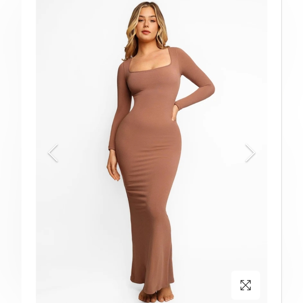 Popilush Long Sleeve Bodycon Shapewear Maxi Dress Light Brown
